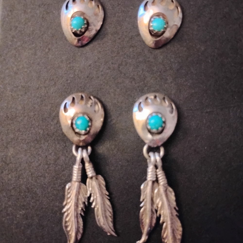 Native American Sterling Silver and Turquoise Bear Paw Earrings/Richard Begay
